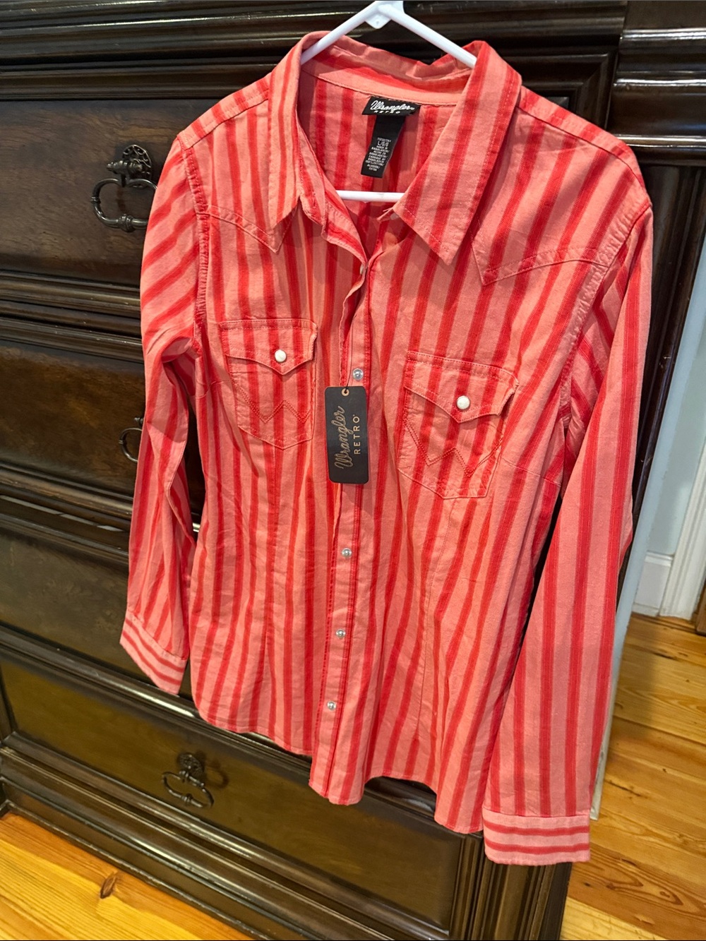Wrangler Red and Coral Striped Button-Down Denim Cotton Shirt LARGE